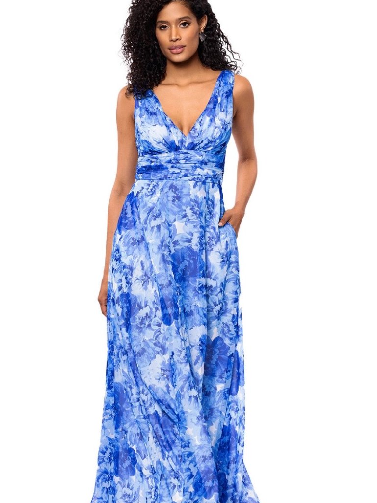 Besty & Adam Woman's Floral V-Neck Ruched-Waist Gown Size 12 Worn Once